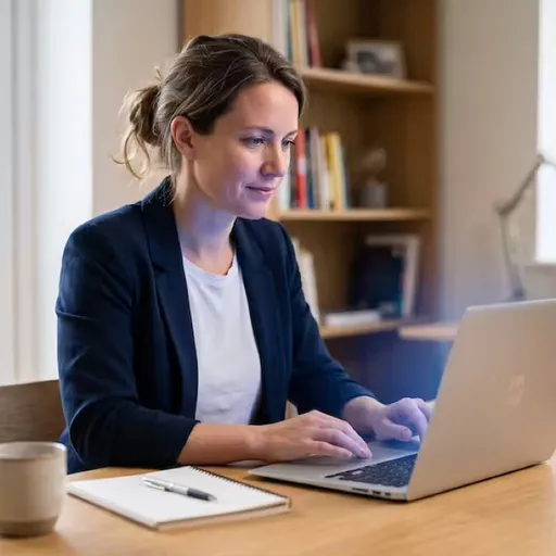 Ondernemer achter een laptop met zwevende blauwe holografische cloud- en synchronisatie-iconen die een back-up verbeelden