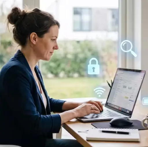 Ondernemer achter een MacBook met zwevende blauwe iconen van sneltoetsen en systeemfuncties