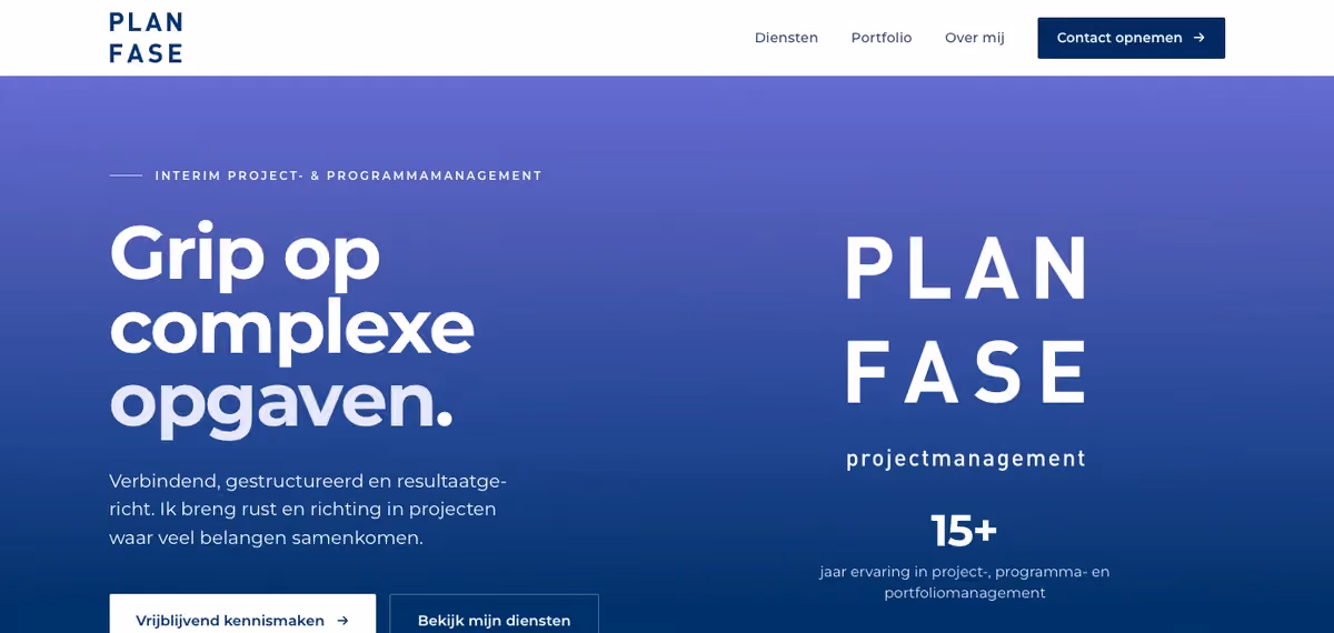 Hoofdpagina van de nieuwe website van Plan Fase Projectmanagement