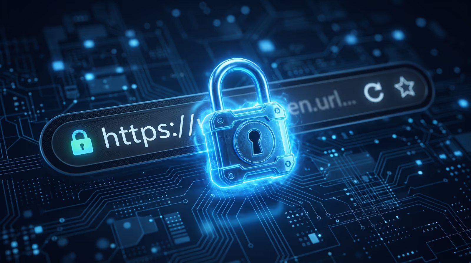 Gloeiend blauw slot-icoon met https in een adresbalk, op een donkere achtergrond met circuitpatroon