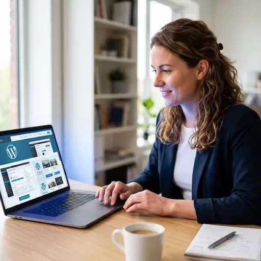 Ondernemer achter een laptop met twee website-ontwerpen naast elkaar op het scherm in blauwtinten