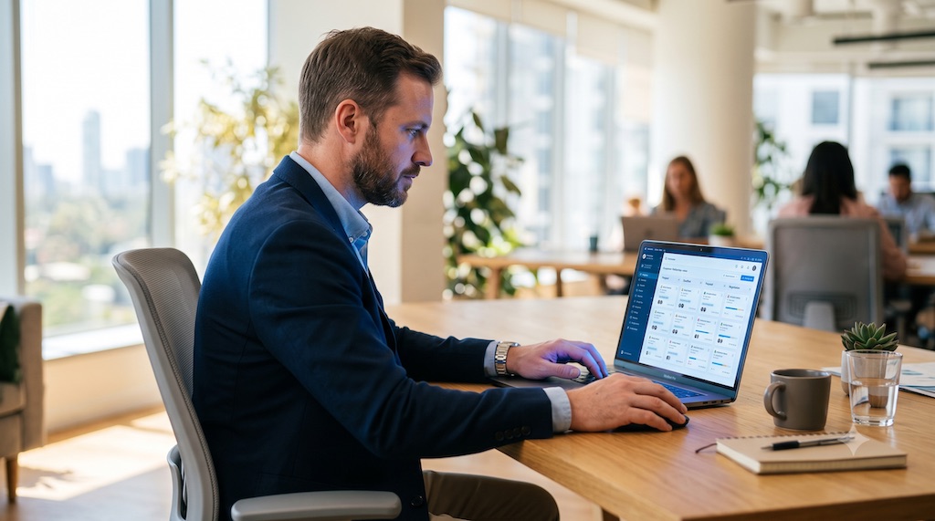 Ondernemer achter een laptop met een zwevend blauw holografisch overzicht van klantcontacten en opvolgtaken