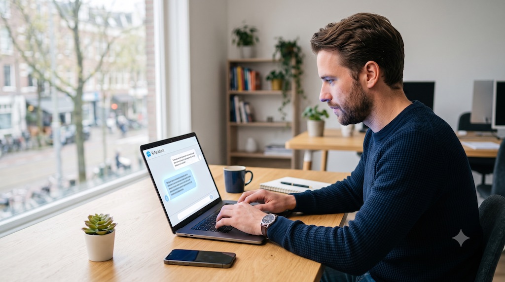 Ondernemer achter een laptop met op het scherm een chatgesprek met een AI-assistent in blauwtinten