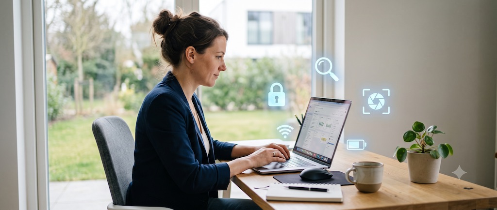 Ondernemer achter een MacBook met zwevende blauwe iconen van sneltoetsen en systeemfuncties
