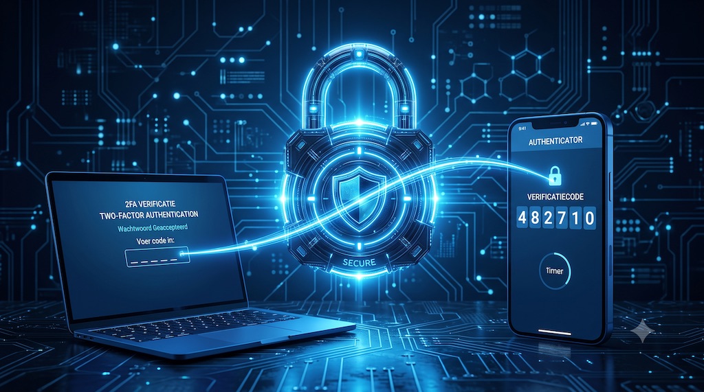 Gloeiend blauw slot-icoon met een telefoon en een verificatiecode, zwevend op een donkere achtergrond met circuitpatroon