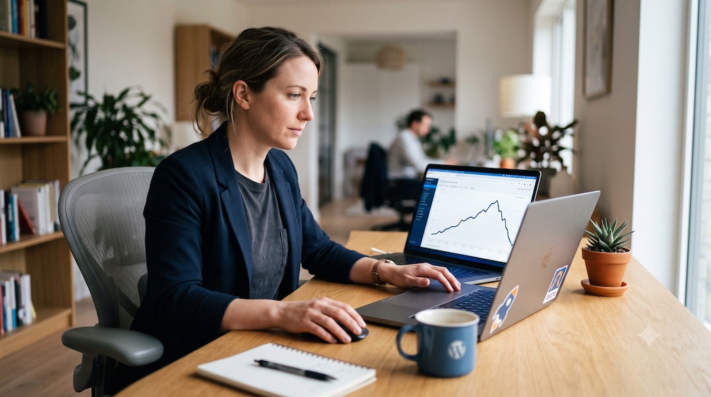 Ondernemer achter een laptop met op het scherm een dalende lijngrafiek van marktaandeel in blauwtinten