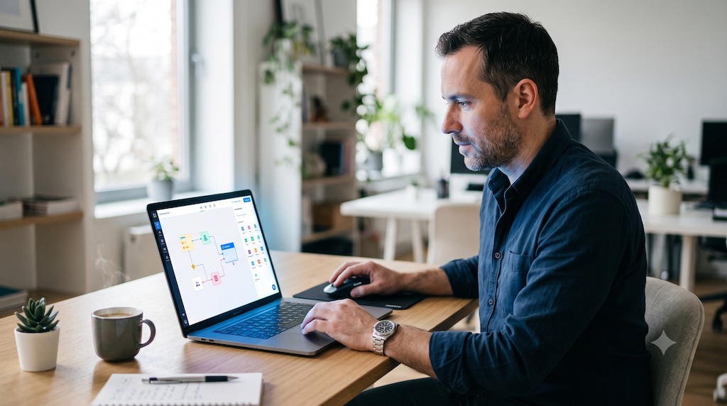 Ondernemer achter een laptop met op het scherm een visuele bouwomgeving met sleepbare blokken in blauwtinten