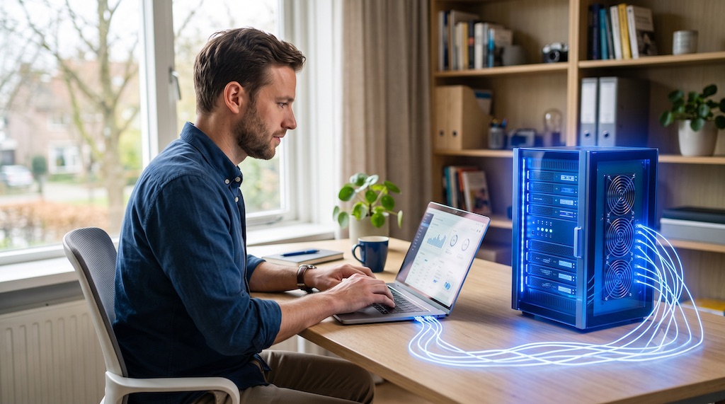 Ondernemer achter een laptop met zwevende blauwe holografische server- en verbindingsiconen die webhosting verbeelden
