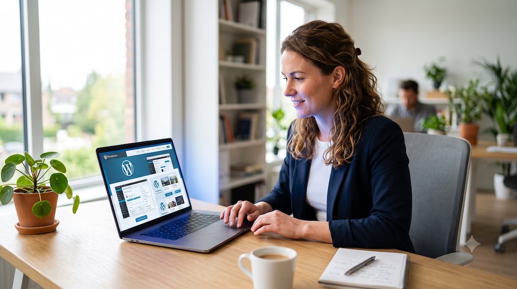 Ondernemer achter een laptop met twee website-ontwerpen naast elkaar op het scherm in blauwtinten